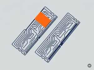 Two identical navy blue RAM sticks with orange accent bands arranged side by side on a light grey surface, flat lay overhead view.